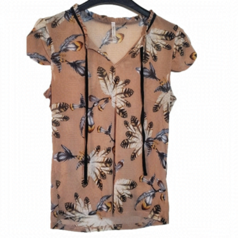 Dna Couture Sheer cap sleeve Feather Top small tie neck small